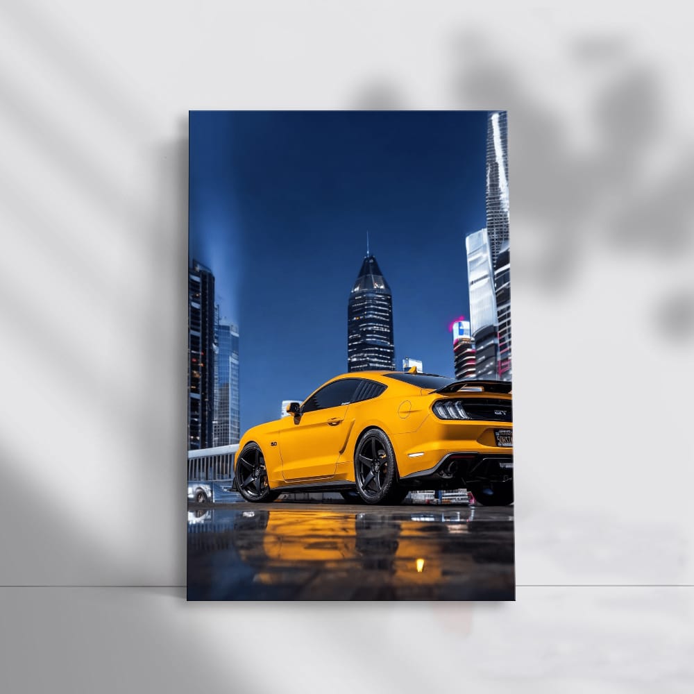 Yellow Mustang in Nighttime Cityscape - Bold and Powerful
