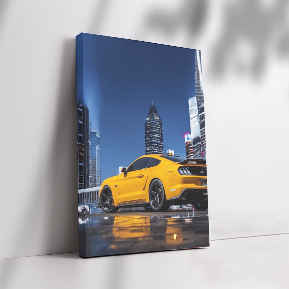 Yellow Mustang in Nighttime Cityscape - Bold and Powerful