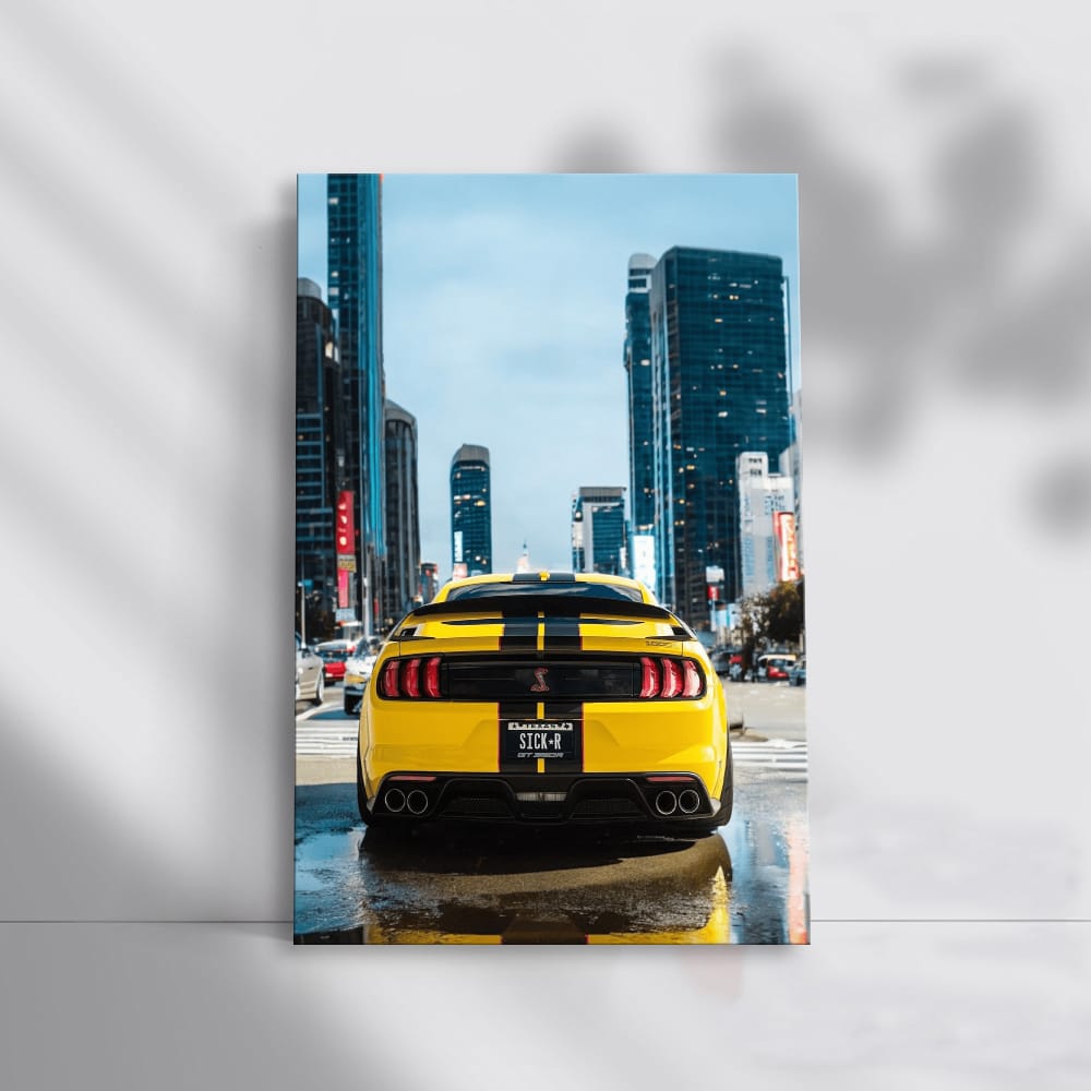 Urban Adventure: Yellow Mustang Roars Through Cityscape