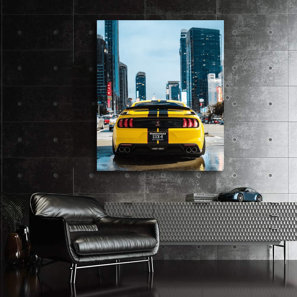 Urban Adventure: Yellow Mustang Roars Through Cityscape
