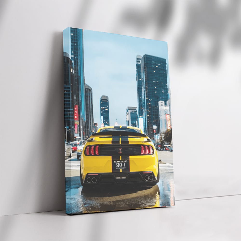 Urban Adventure: Yellow Mustang Roars Through Cityscape