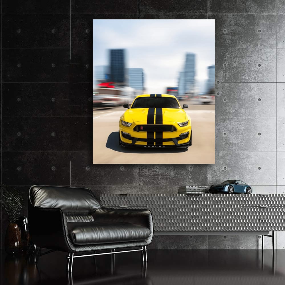 Vibrant Yellow Mustang Roams Urban Jungle - Bold & Free