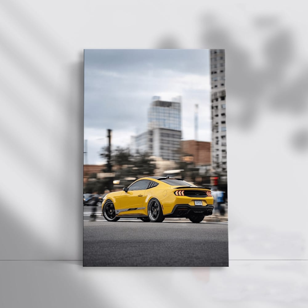 Yellow Mustang Roaring Through City - Iconic Power