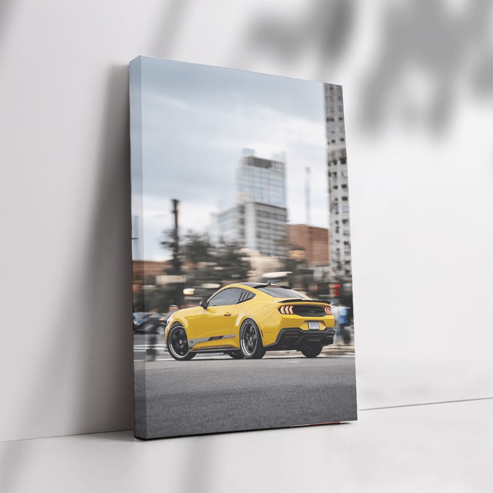 Yellow Mustang Roaring Through City - Iconic Power