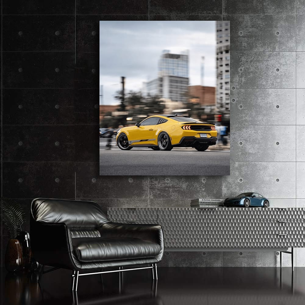 Yellow Mustang Roaring Through City - Iconic Power