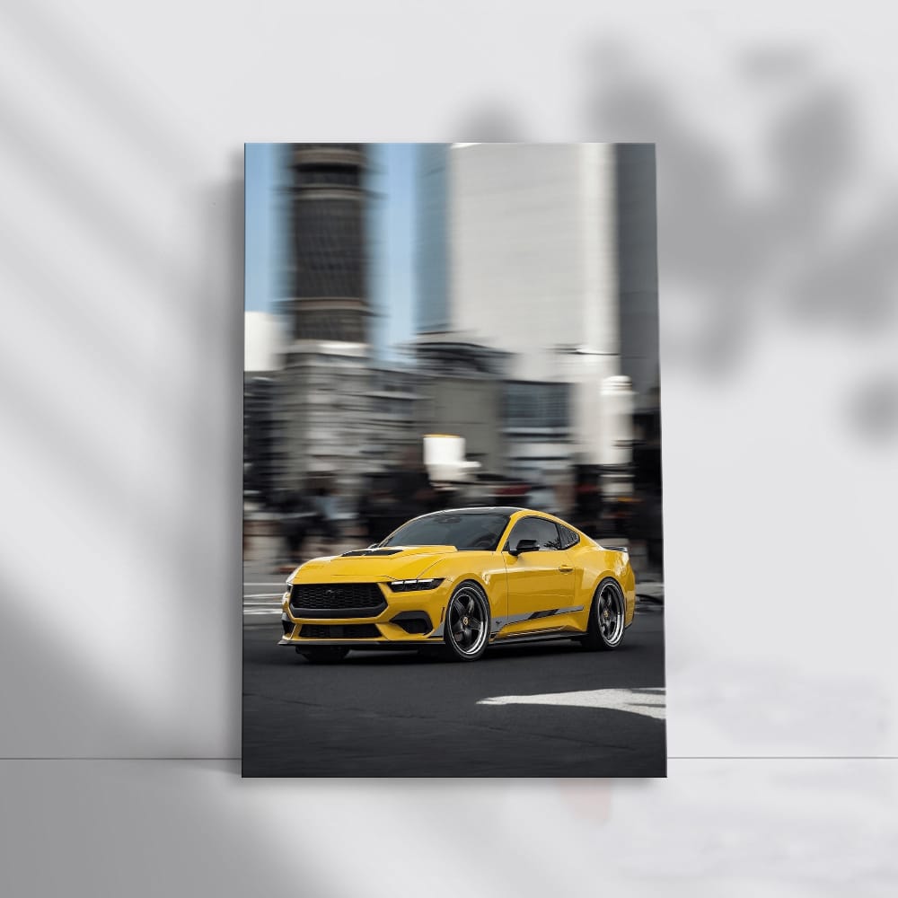 Yellow Mustang Roaring Through City - Bold & Dynamic