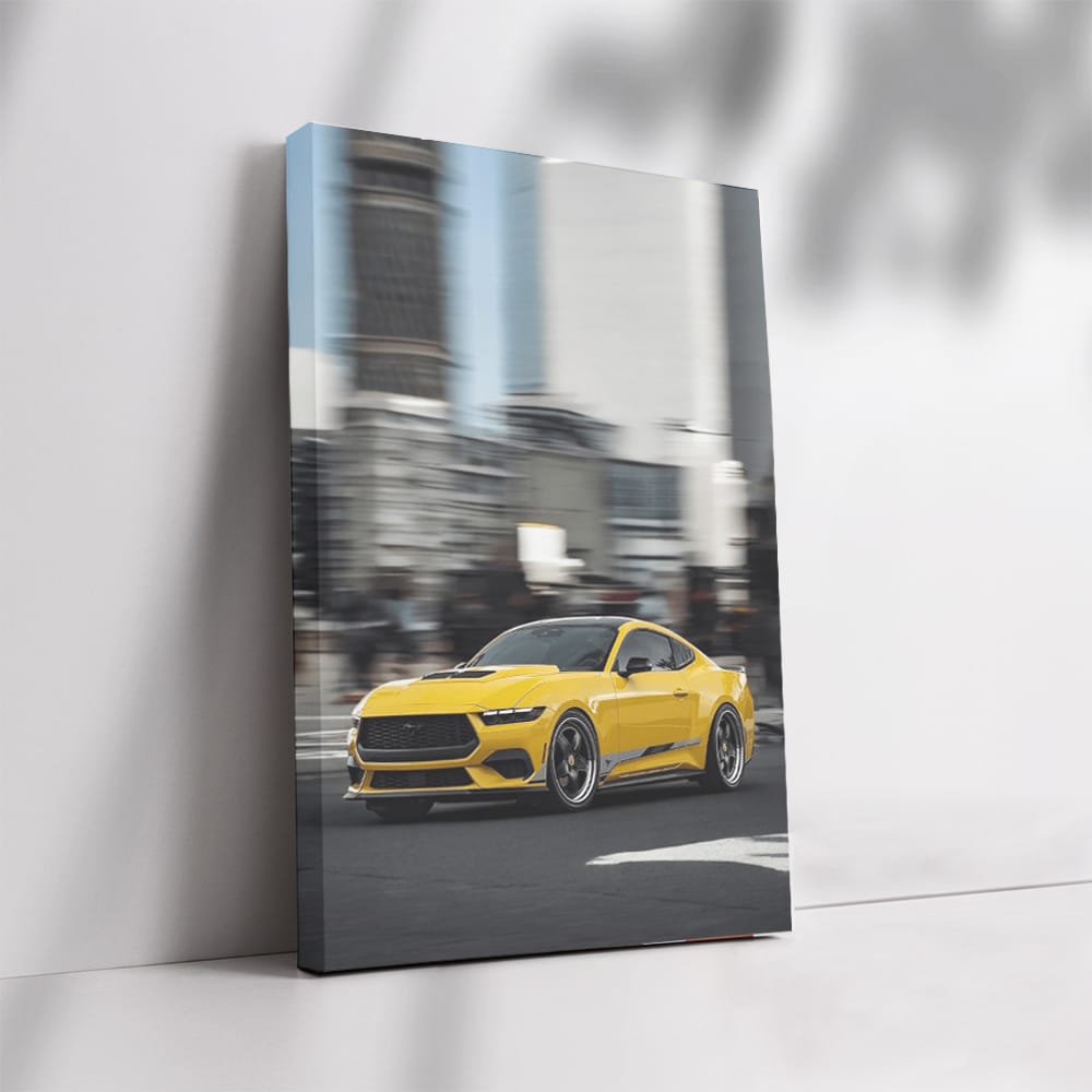 Yellow Mustang Roaring Through City - Bold & Dynamic