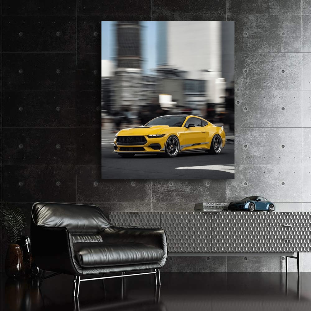 Yellow Mustang Roaring Through City - Bold & Dynamic