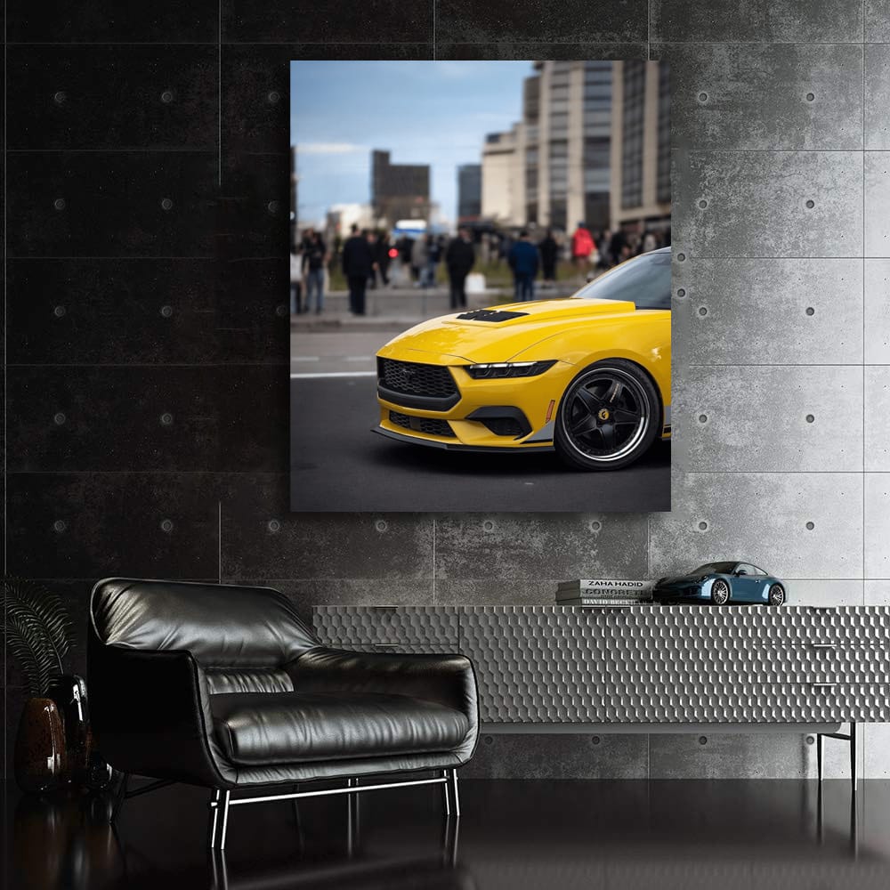 Yellow Mustang Roaring Through Urban Streets - Bold and Fierce