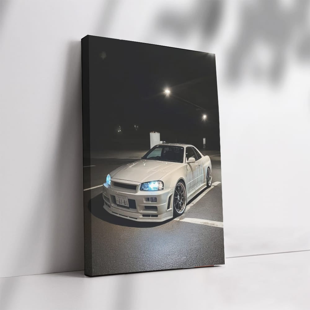 White Nissan Skyline GT-R R34 in Parking Lot - Iconic Speedster