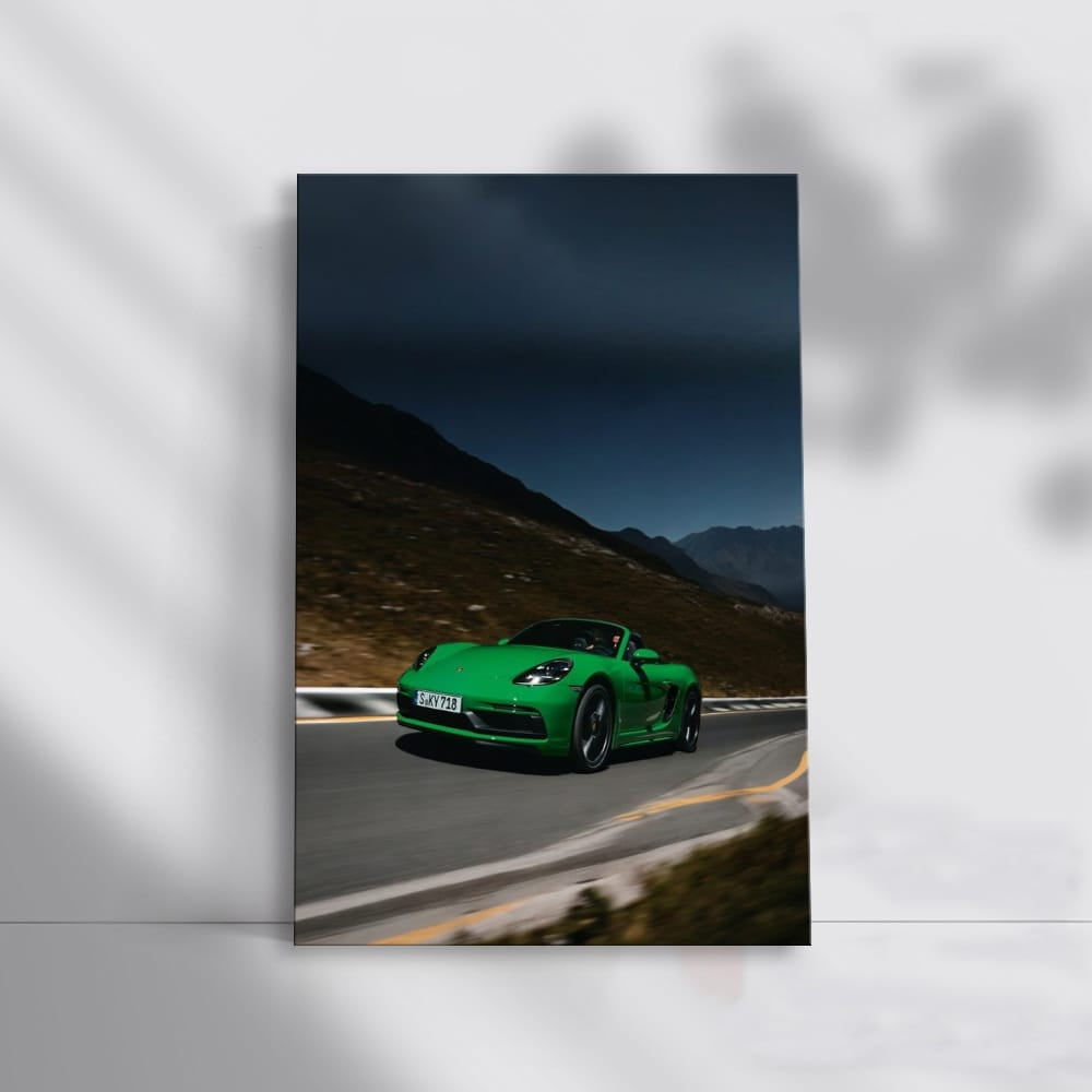 Green Porsche 718 at Dusk in Mountains - Elegance in Motion