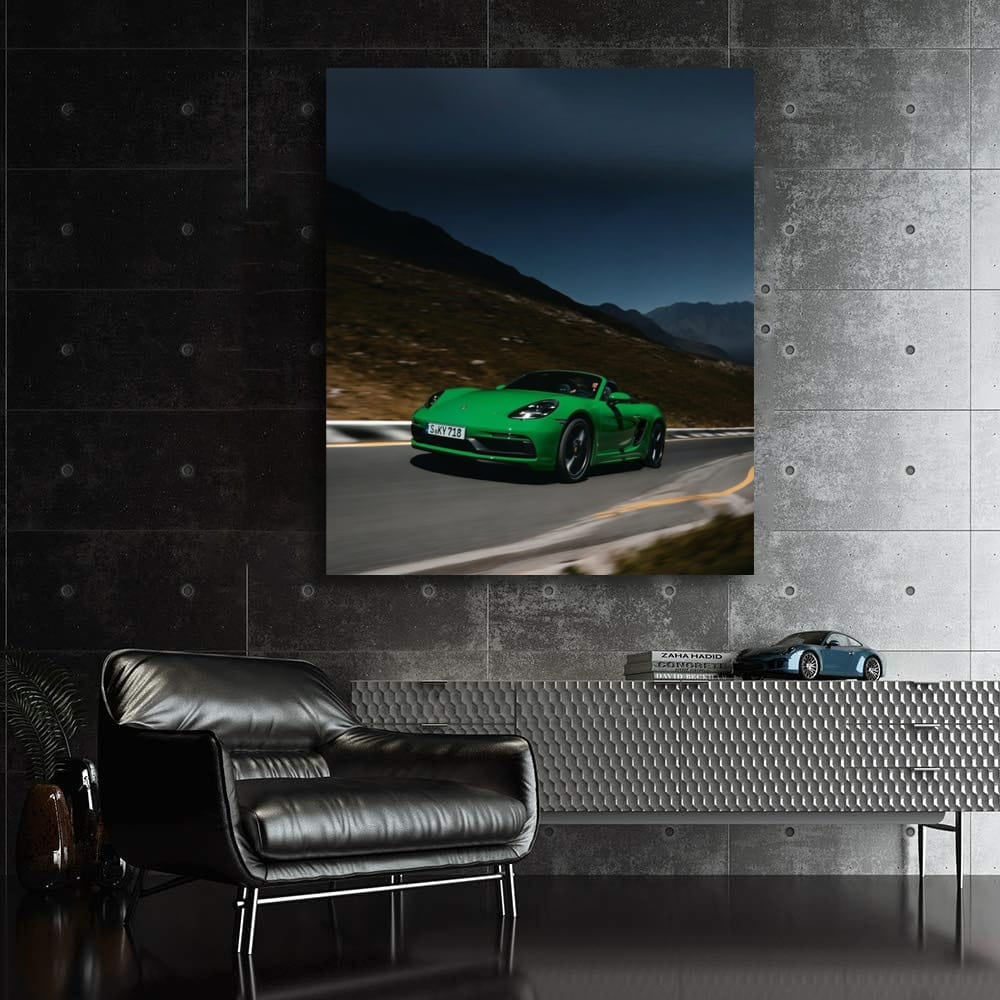 Green Porsche 718 at Dusk in Mountains - Elegance in Motion