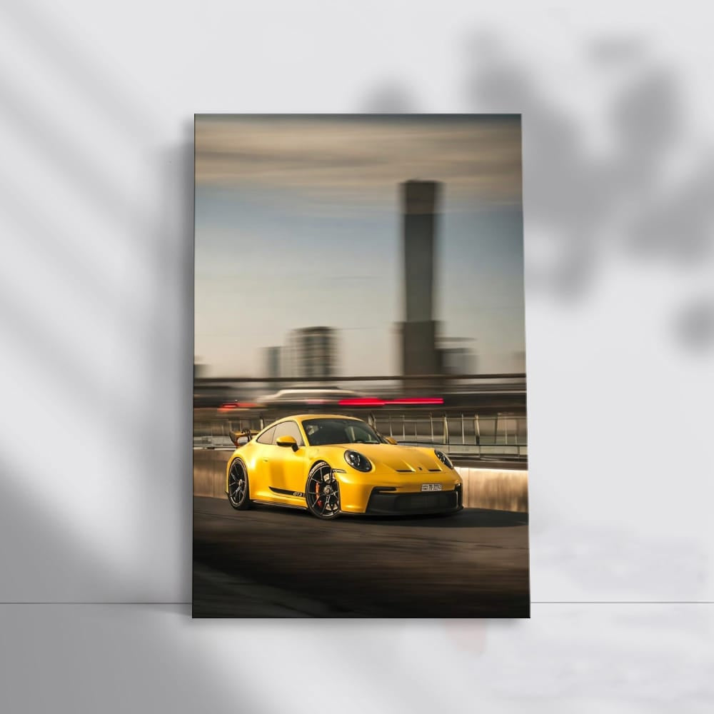 Yellow Porsche GT3 with Urban Backdrop - Speed and Elegance