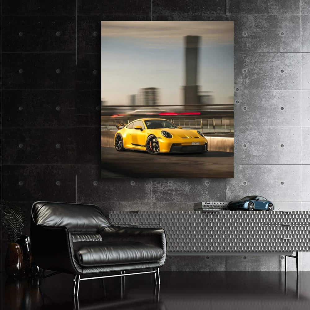 Yellow Porsche GT3 with Urban Backdrop - Speed and Elegance
