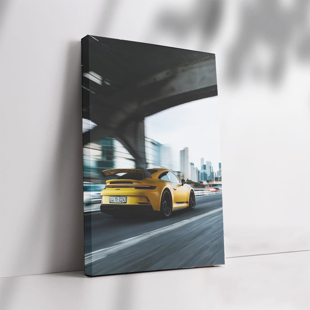 Porsche GT3 in Yellow with Urban Skyline - Power and Precision