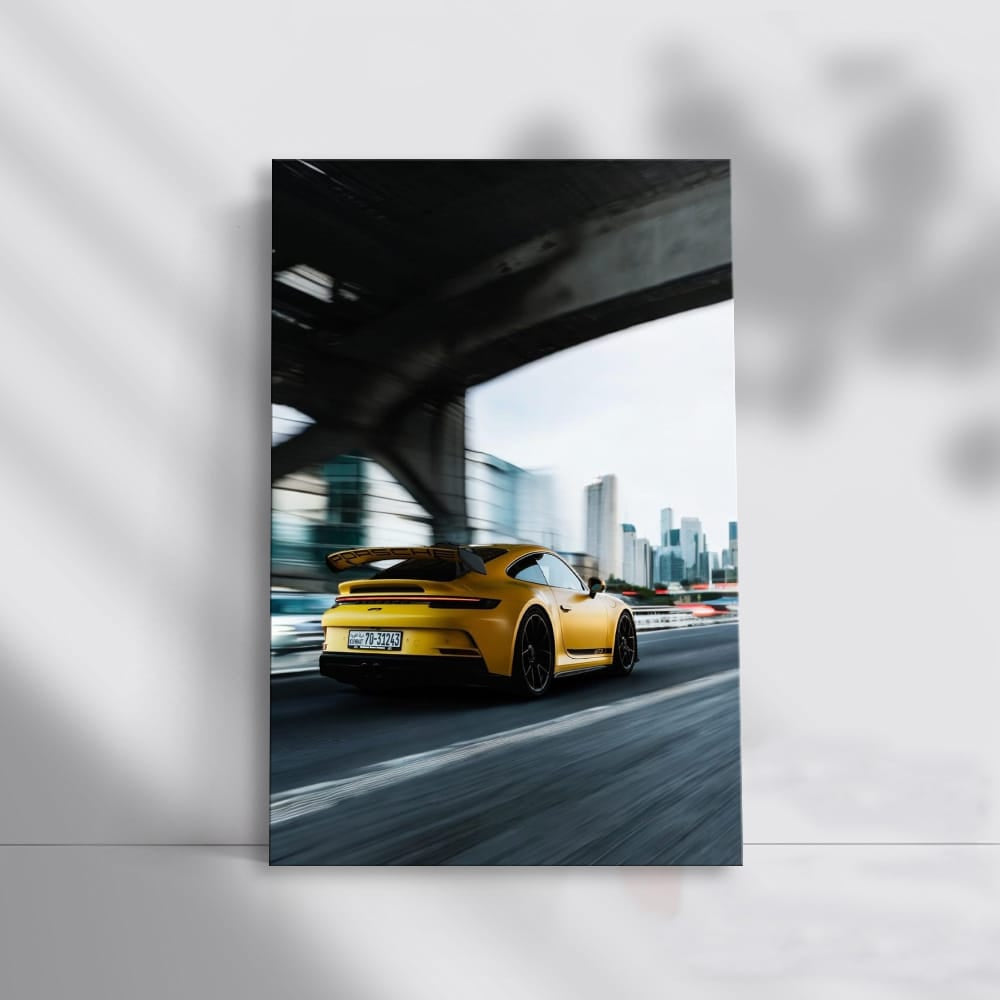 Porsche GT3 in Yellow with Urban Skyline - Power and Precision