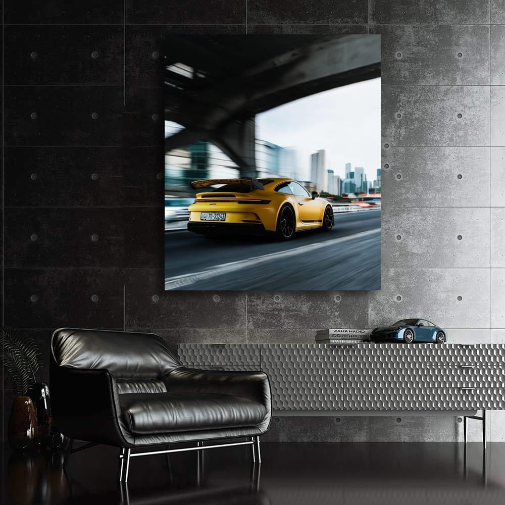 Porsche GT3 in Yellow with Urban Skyline - Power and Precision