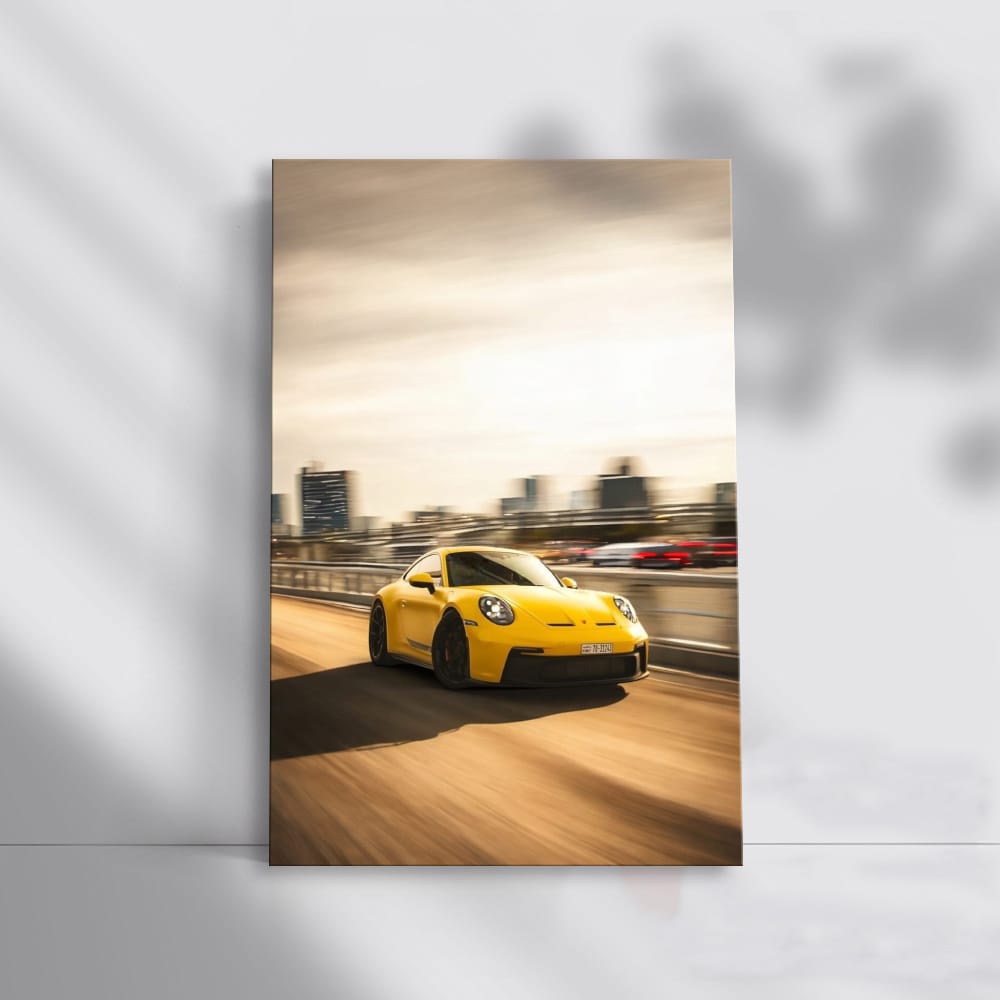 Yellow Porsche GT3 with Urban Backdrop - Speed and Elegance