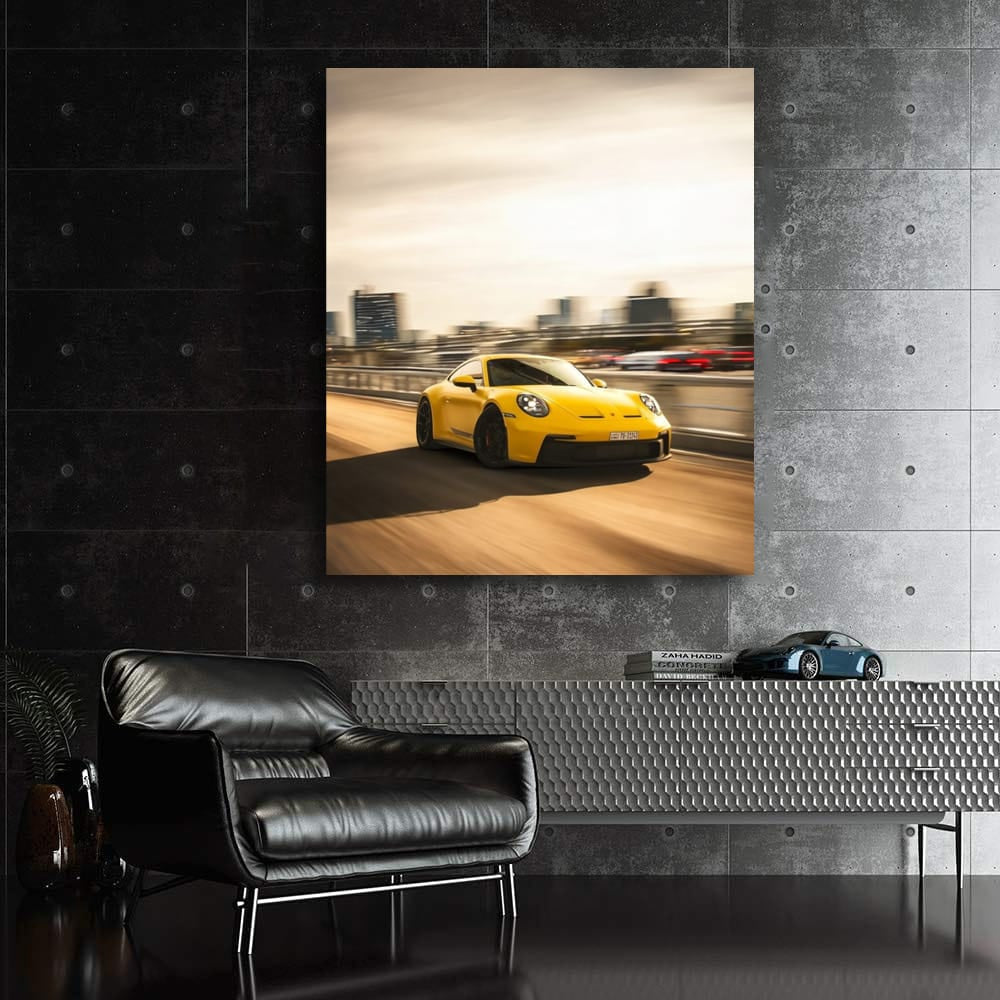 Yellow Porsche GT3 with Urban Backdrop - Speed and Elegance