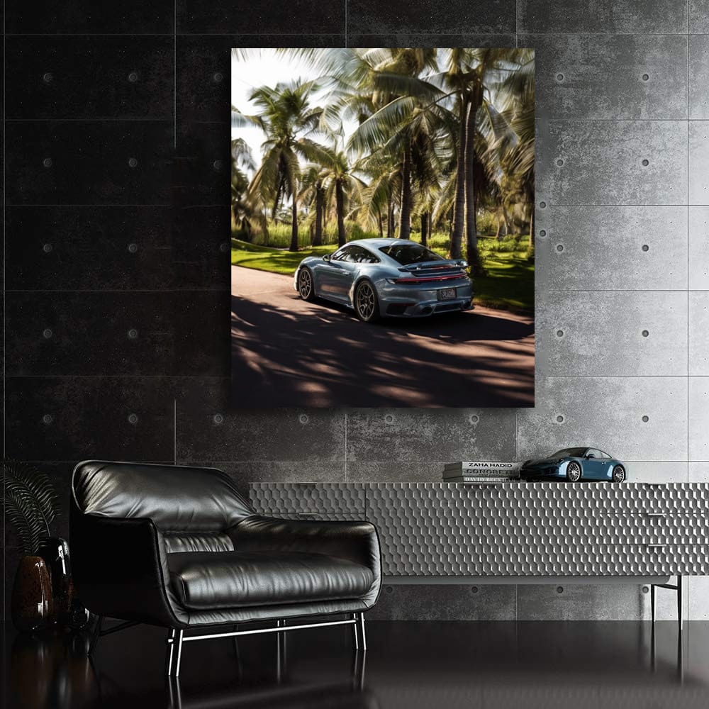 Porsche in Gemini Blue Metallic Under Palm Trees - Iconic Style