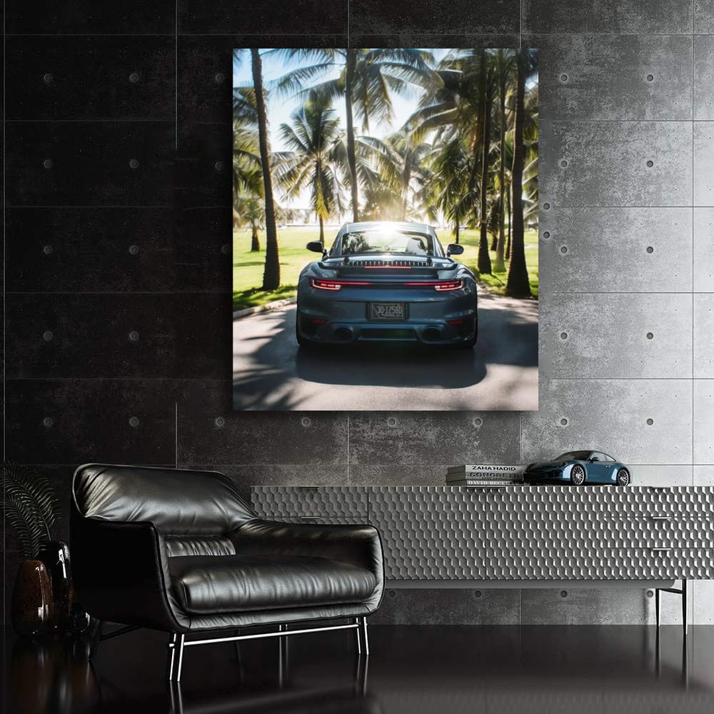 Porsche Gemini Blue Metallic Under Palms - Sleek & Stylish