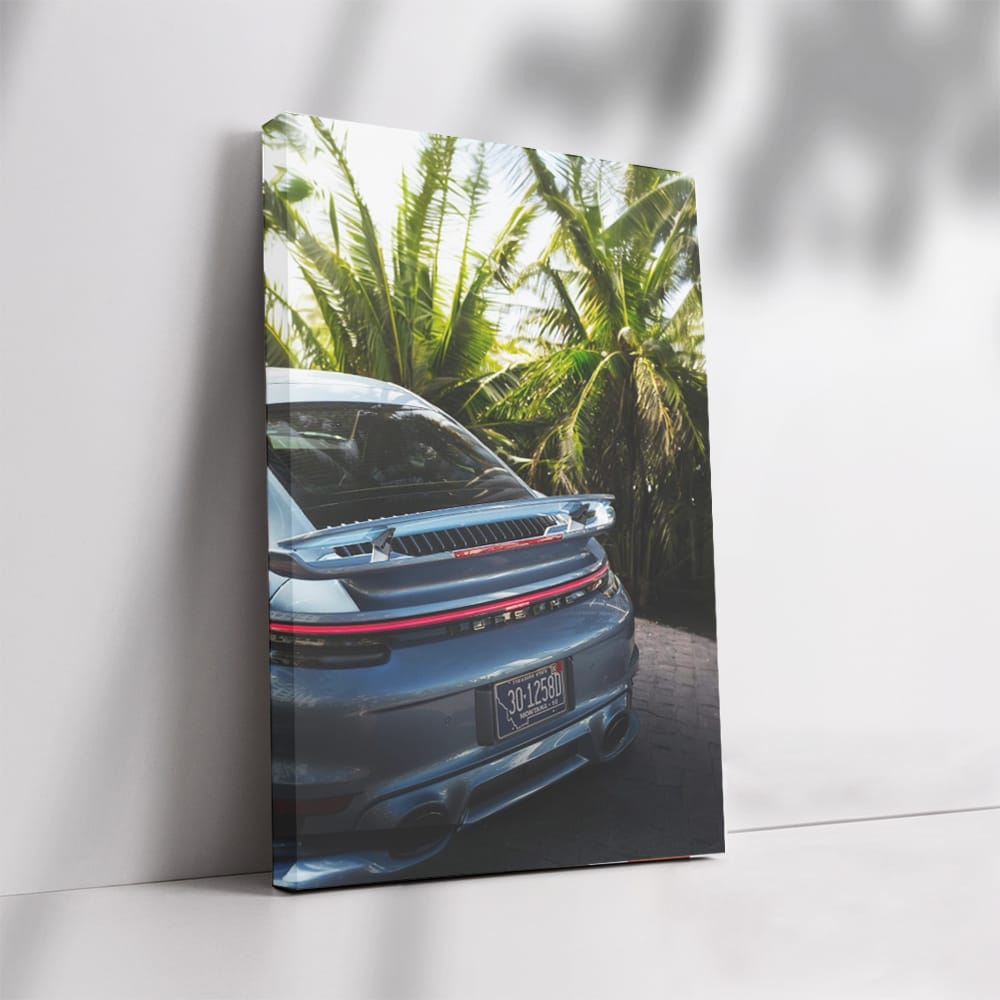 Porsche in Gemini Blue Metallic Under Palms - Timeless Elegance