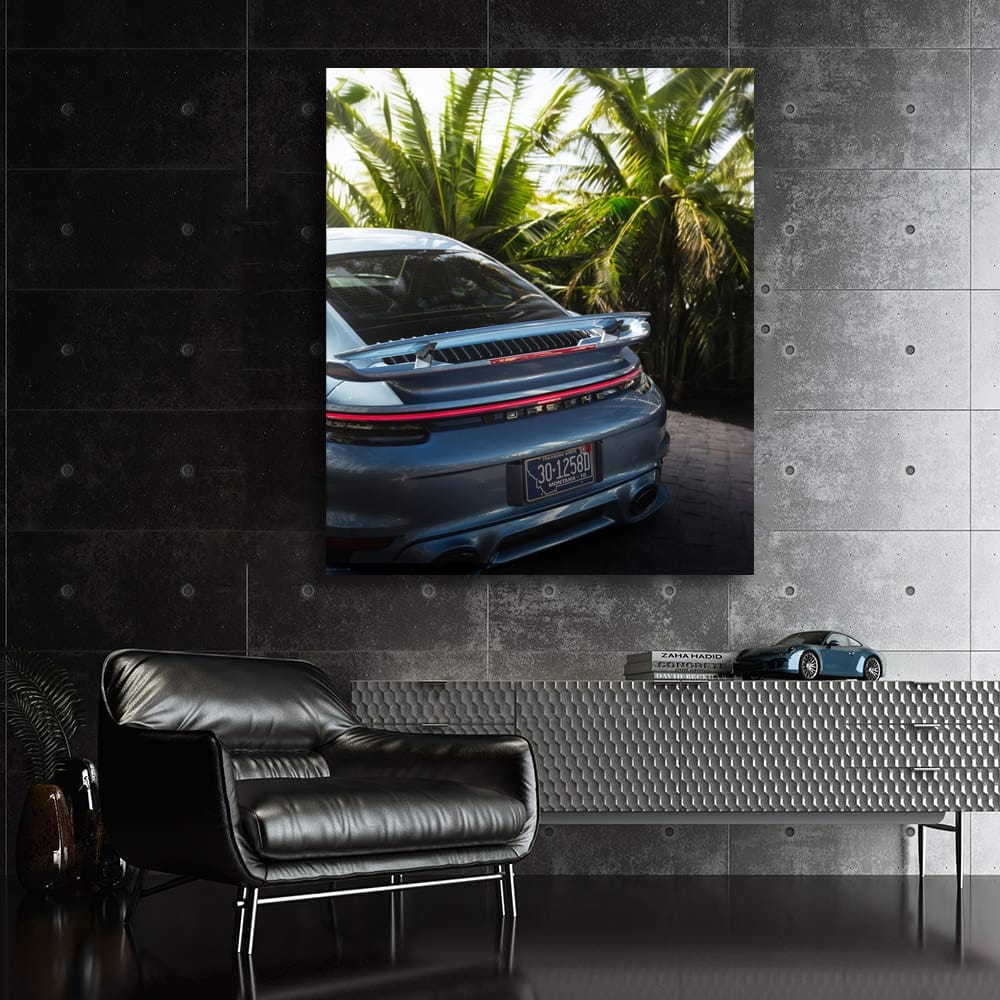 Porsche in Gemini Blue Metallic Under Palms - Timeless Elegance