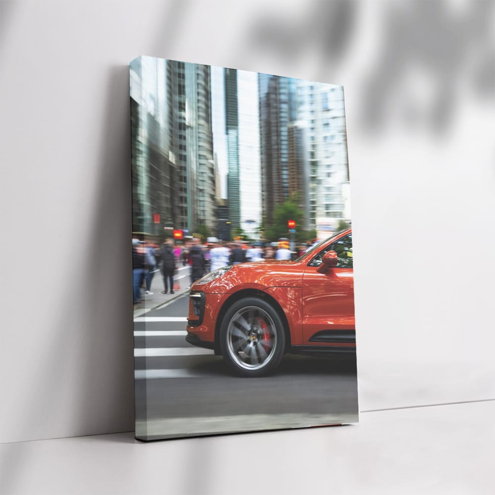Vibrant Orange Porsche Macan S with Skyscrapers - Bold Elegance