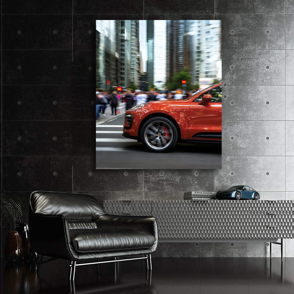 Vibrant Orange Porsche Macan S with Skyscrapers - Bold Elegance