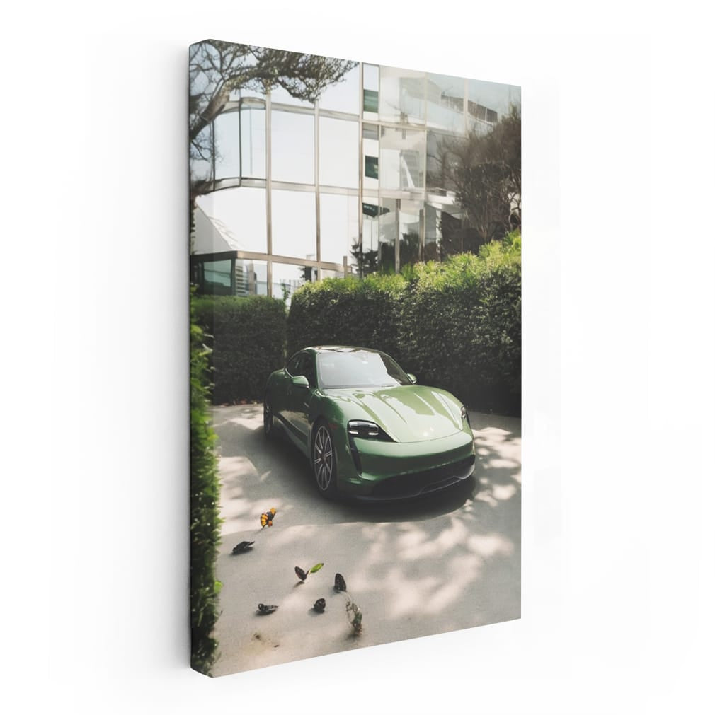 Sleek Porsche in Green by Glass Building - Elegance in Motion