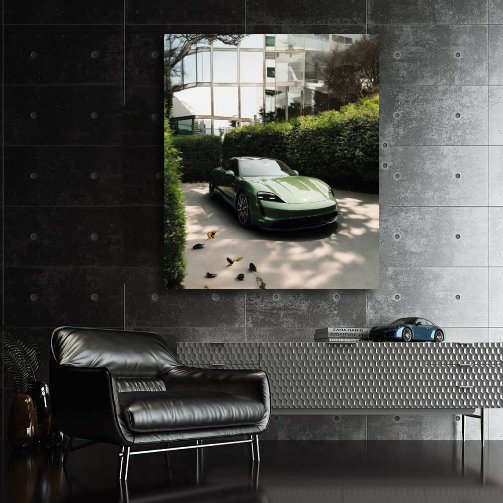 Sleek Porsche in Green by Glass Building - Elegance in Motion