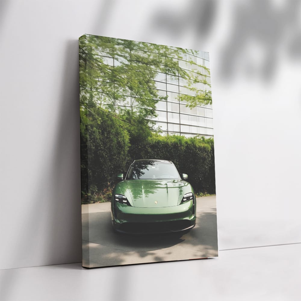 Vibrant Green Porsche by Glass Building - Sleek Style in Motion