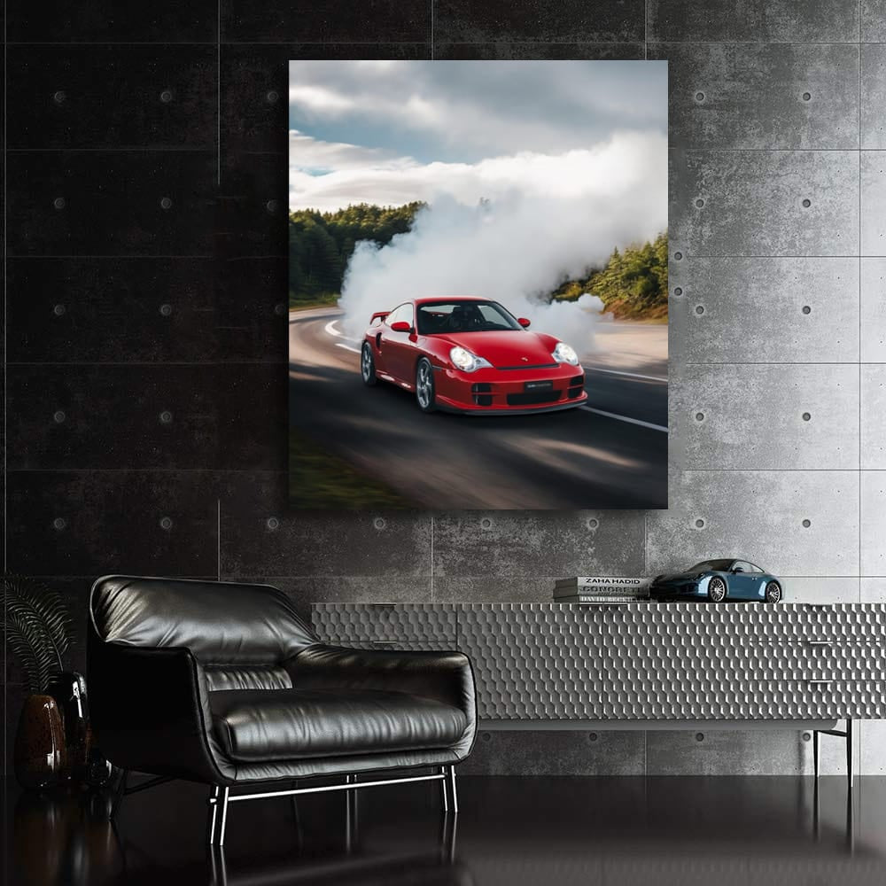 Porsche with Red Smoke - Dynamic Elegance and Speed