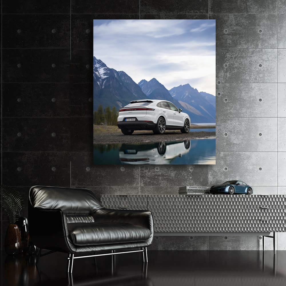 White Porsche Cayenne Coupe with Snowy Mountain Backdrop - Power & Elegance