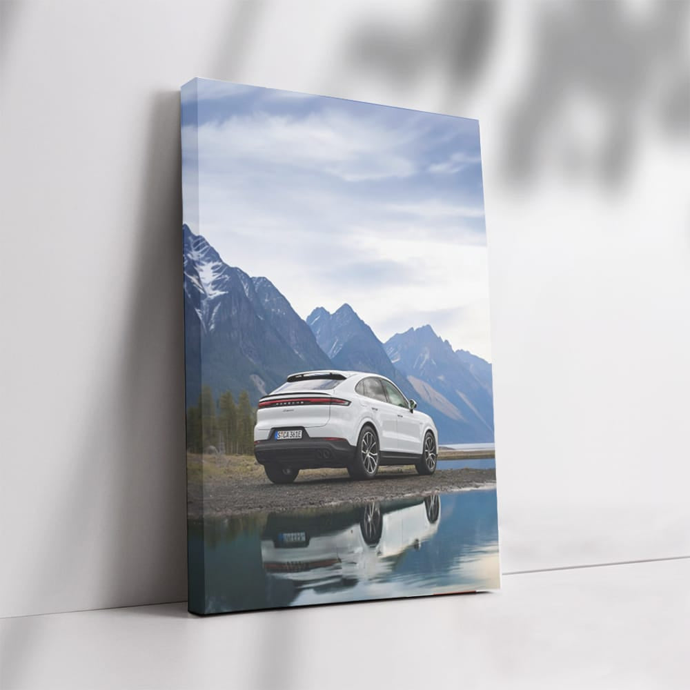 White Porsche Cayenne Coupe with Snowy Mountain Backdrop - Power & Elegance