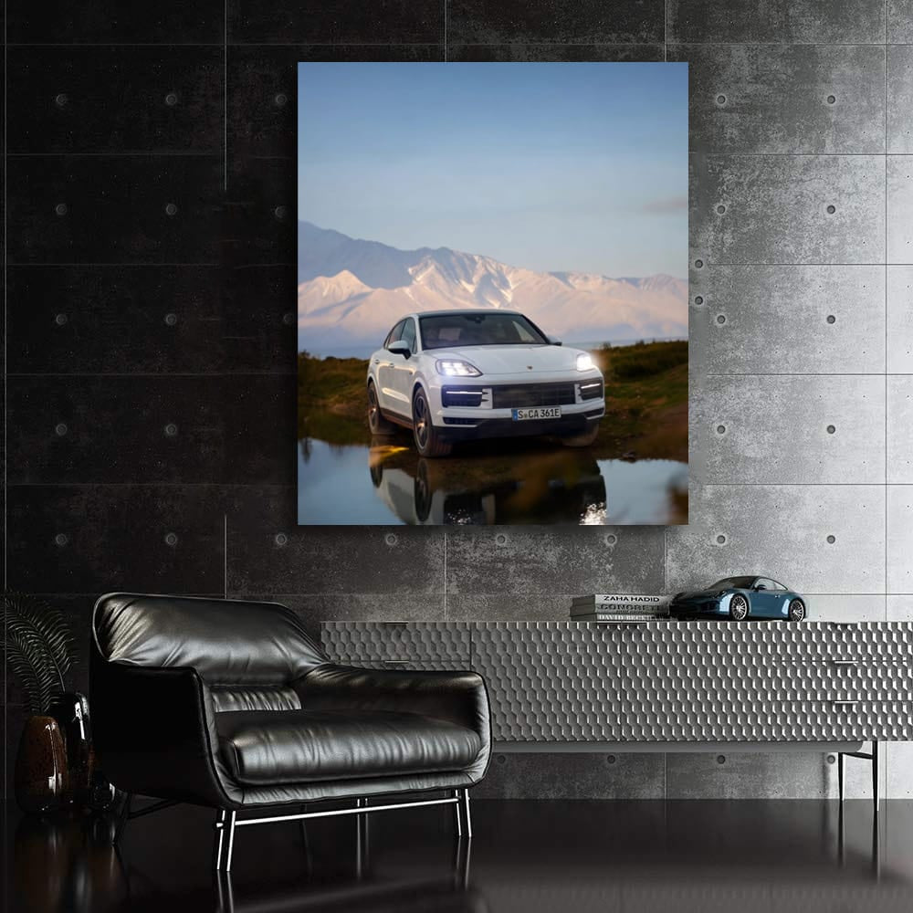 White Porsche Cayenne Coupe with Snowy Mountains - Power & Elegance