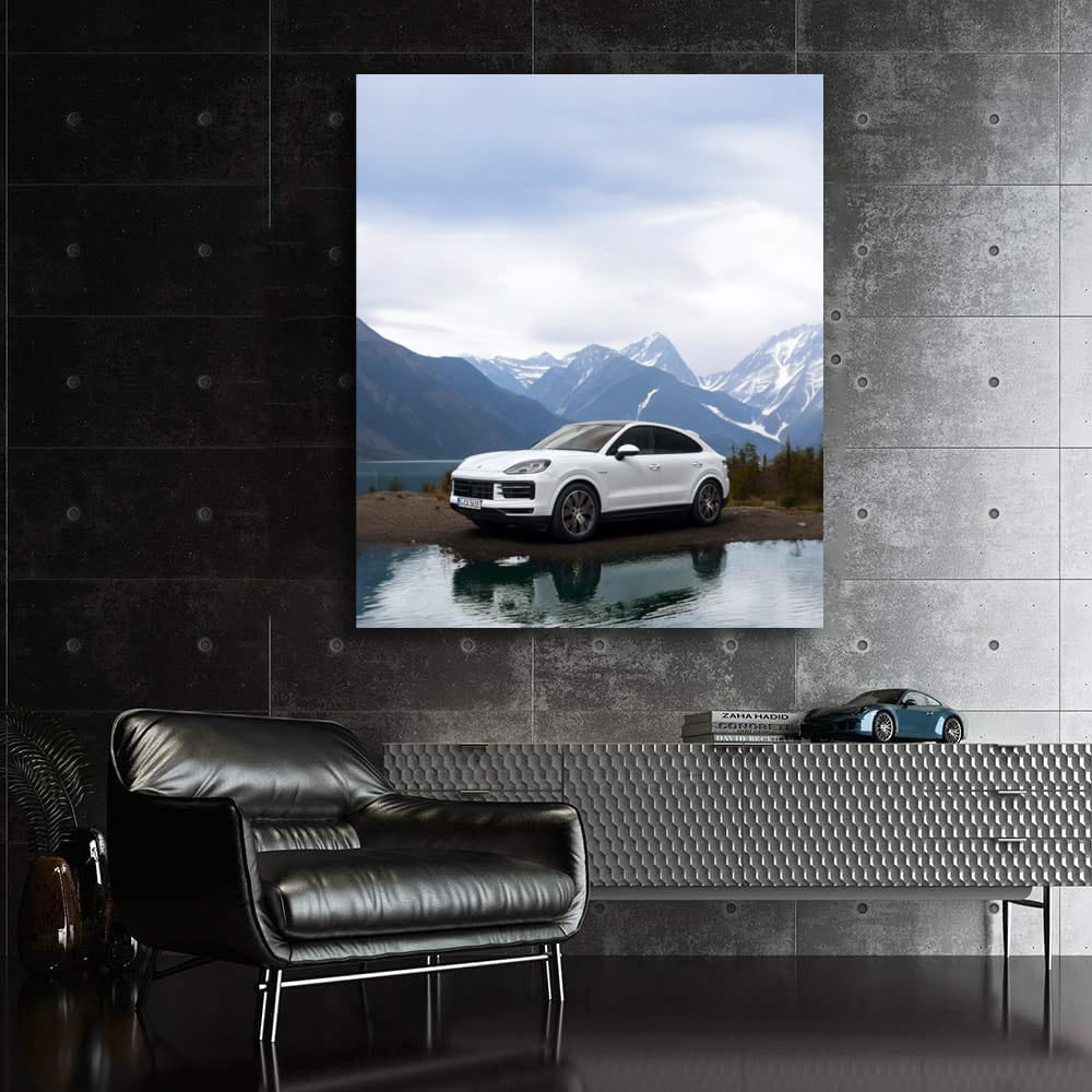 White Porsche Cayenne Coupe Amid Snowy Peaks - Power and Prestige