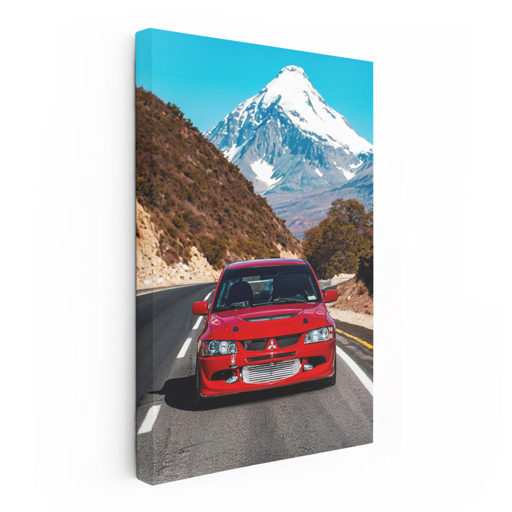 Red Mitsubishi Lancer Cruising by Snowy Peaks - Sporty Elegance