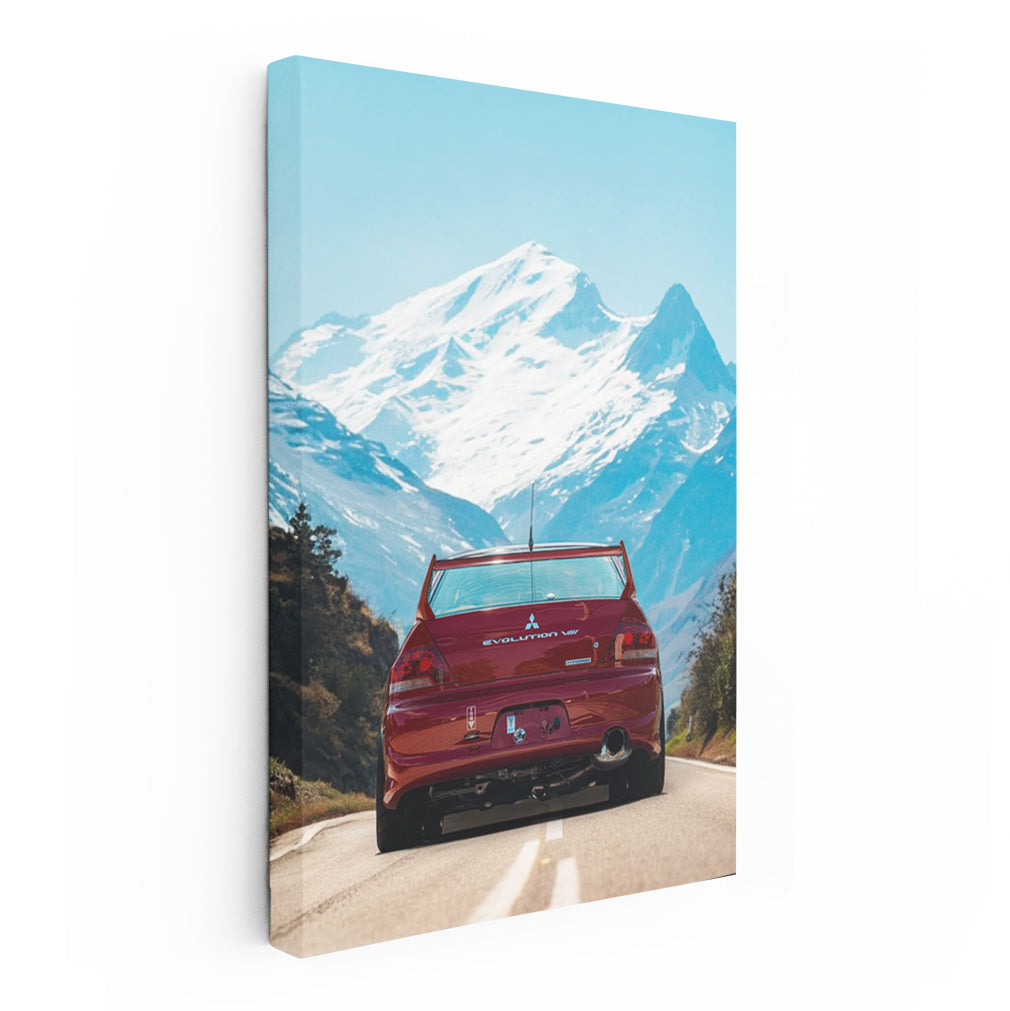 Red Mitsubishi Lancer on Road, Snowy Mountains Behind - Speedy Spirit