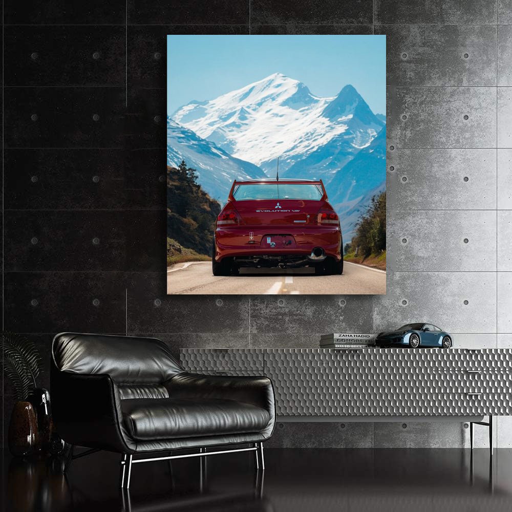 Red Mitsubishi Lancer on Road, Snowy Mountains Behind - Speedy Spirit