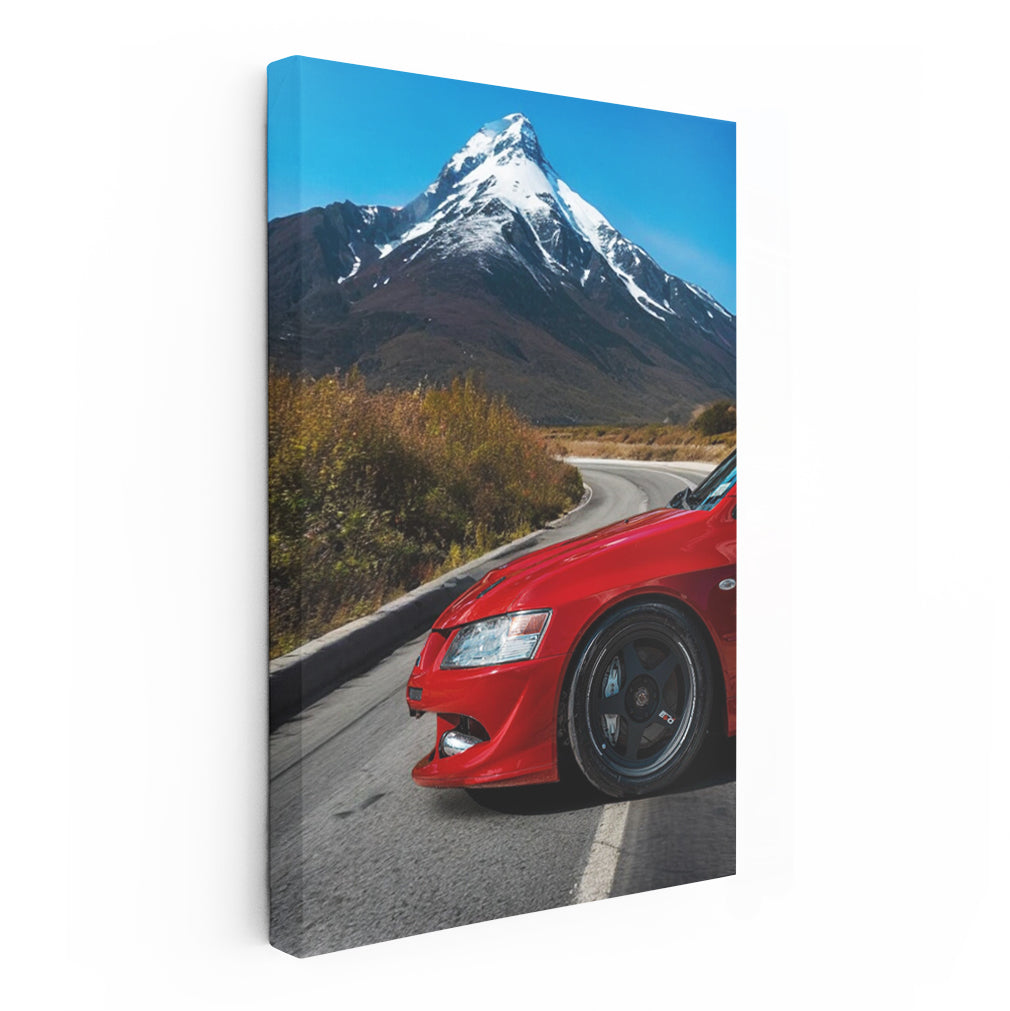 Red Mitsubishi Lancer on Snowy Mountain Road - Sleek Adventure