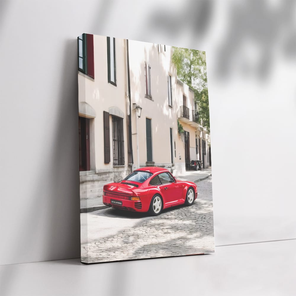 Red Porsche 959 in Historic Town - Classic Elegance