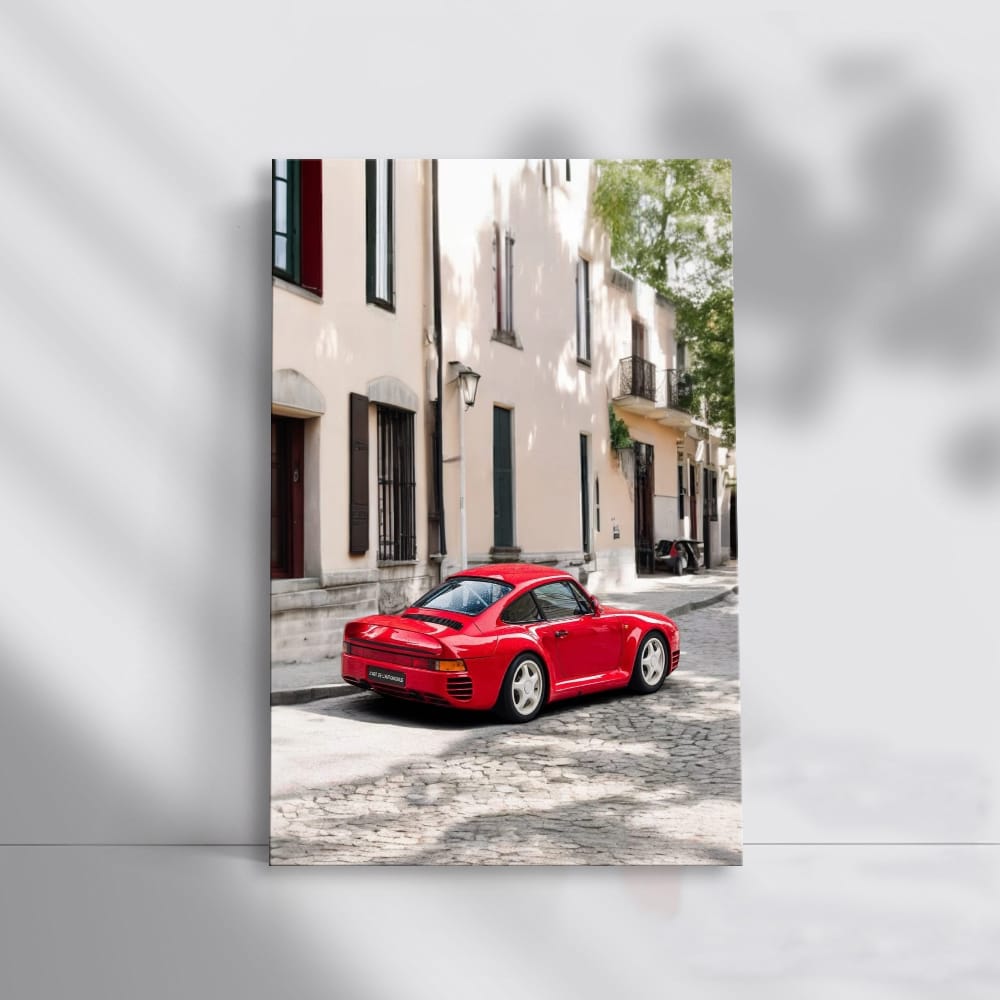 Red Porsche 959 in Historic Town - Classic Elegance
