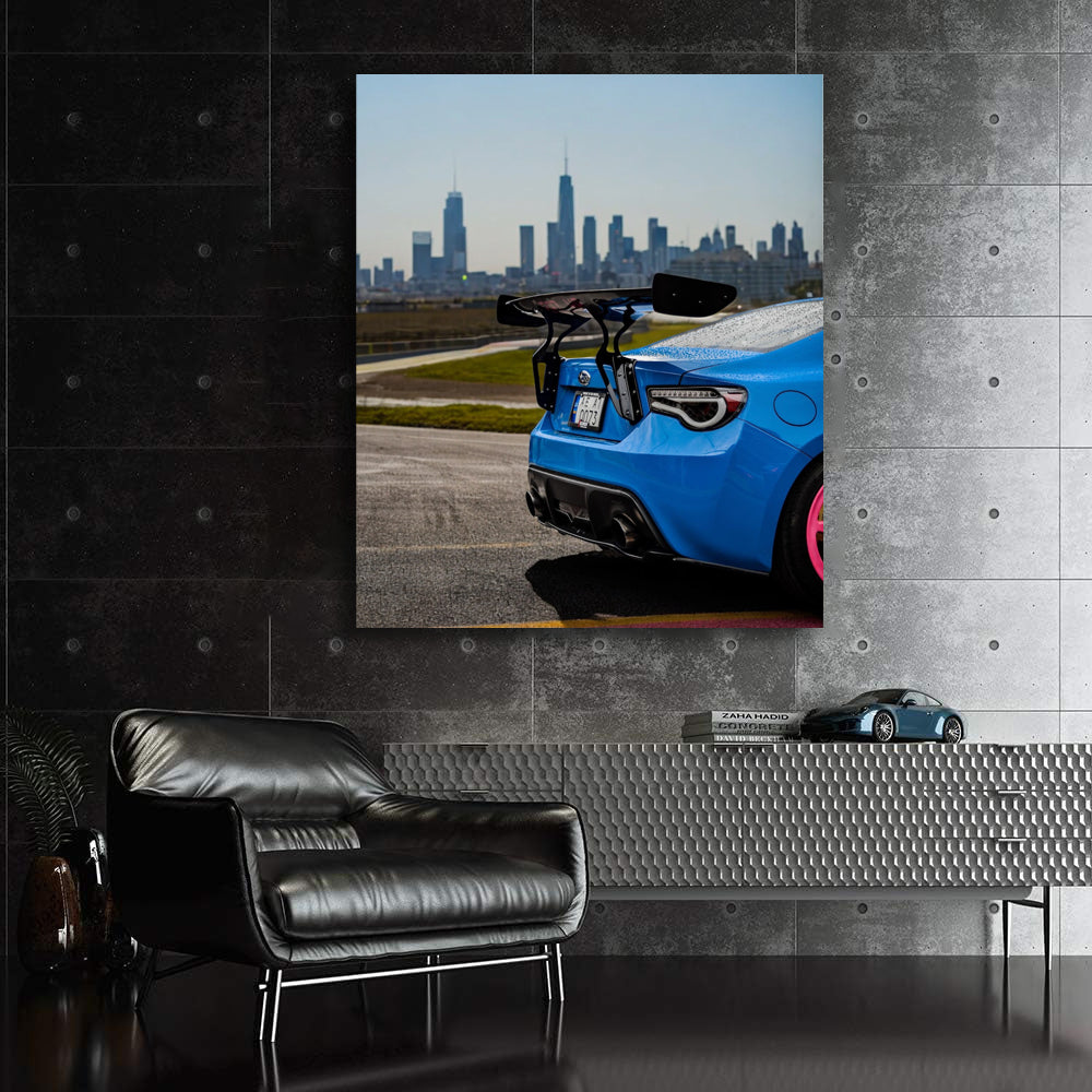 Subaru BRZ in Blue Cruises with Cityscape - Sleek Urban Ride