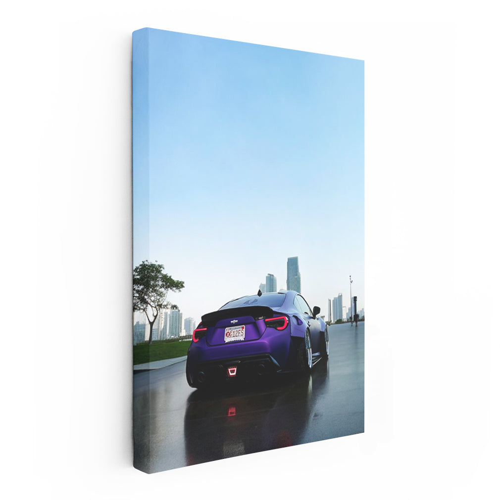 Purple Subaru BRZ Against Cityscape - Sleek Urban Style