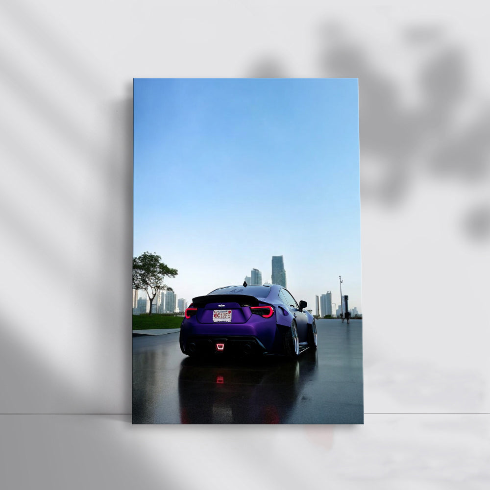 Purple Subaru BRZ Against Cityscape - Sleek Urban Style