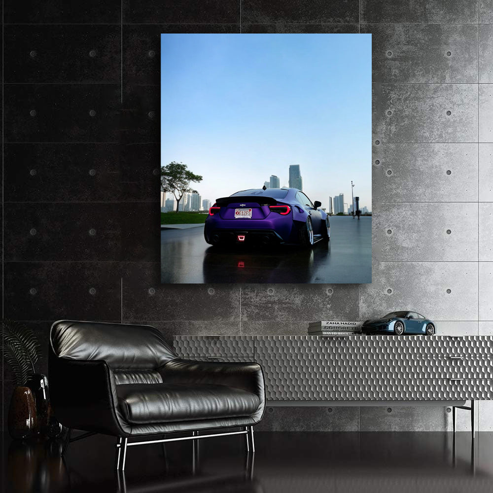 Purple Subaru BRZ Against Cityscape - Sleek Urban Style
