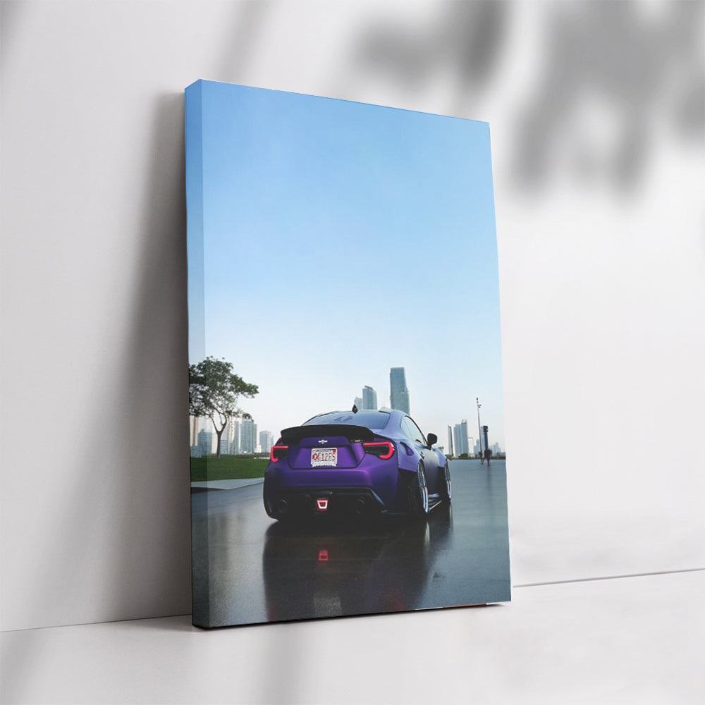 Purple Subaru BRZ Against Cityscape - Sleek Urban Style