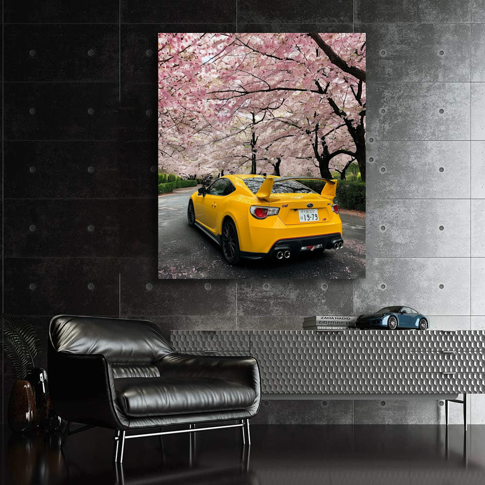 Subaru BRZ in Yellow Under Sakura Trees - Sporty and Elegant