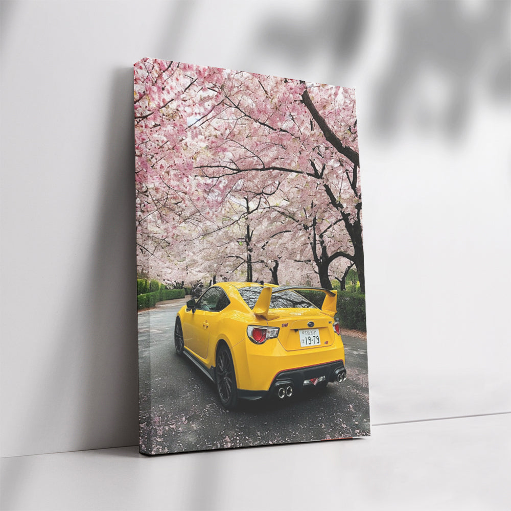 Subaru BRZ in Yellow Under Sakura Trees - Sporty and Elegant